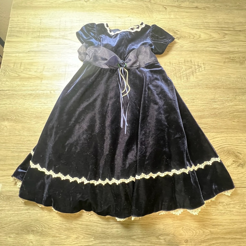 Rare Editions Dress Girls Navy Blue Velvet Lace Trim Pearl Bow‎ Holiday Party
